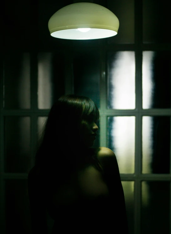 a woman standing in front of a window in a dark room, inspired by Elsa Bleda, green light, an asian woman, in a prison cell, emerging from her lamp