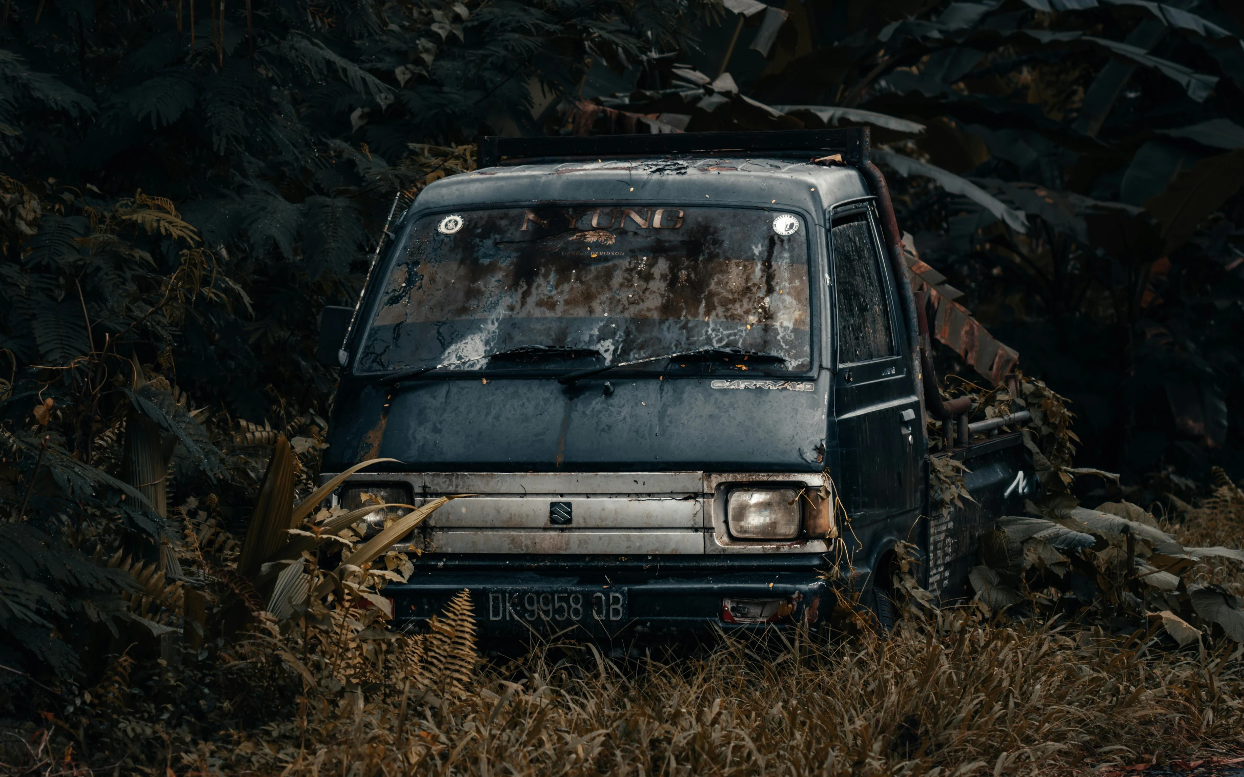 a van that is sitting in the grass, by Elsa Bleda, unsplash contest winner, auto-destructive art, ( apocalyptic ) 8 k, malaysian, renault, taken in the late 1980s