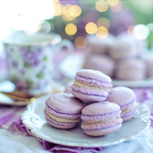 a close up of a plate of macarons on a table, a picture, by Alice Mason, pexels, rococo, ((purple)), frosted, holiday, made of glazed