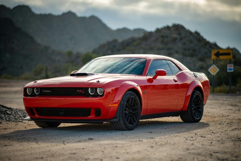 a red car parked on a dirt road, muscle, inside a grand, 8k n 9, demon