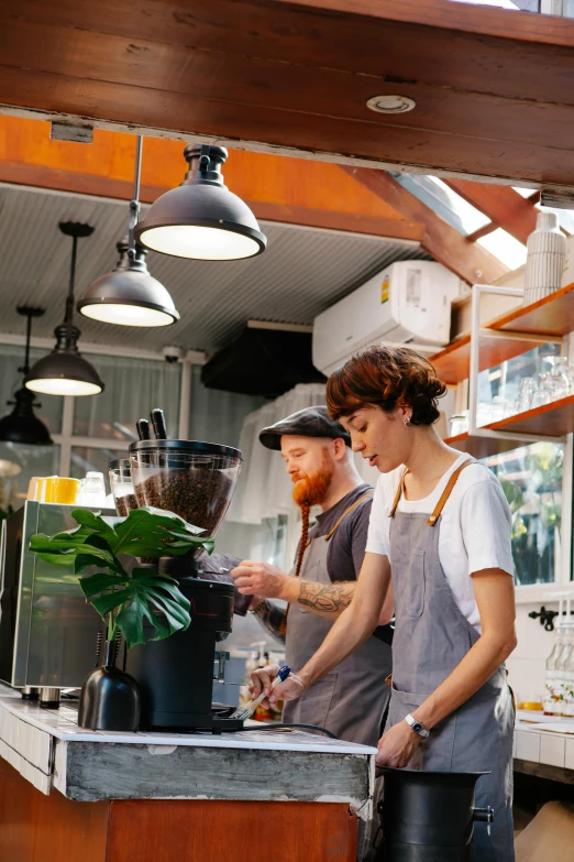 a couple of people that are standing in a kitchen, aussie baristas, vibrant foliage, boys, centralised