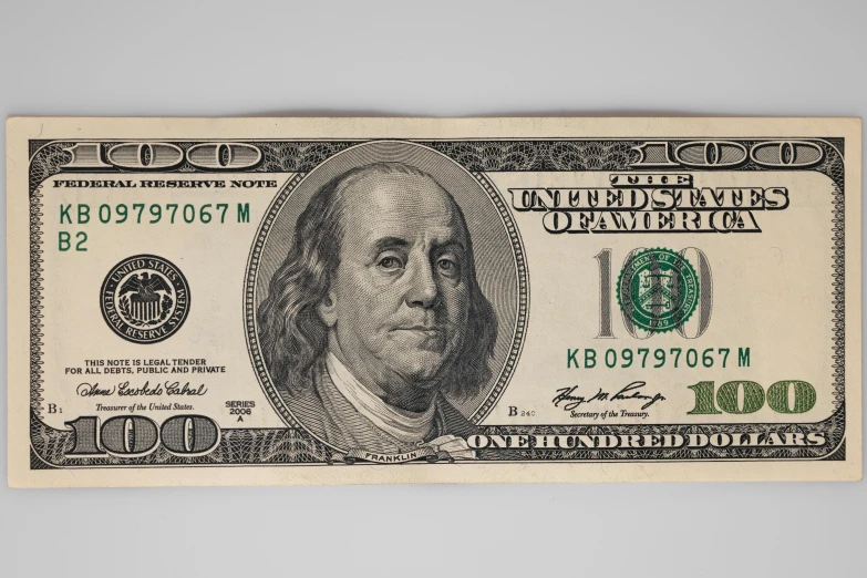 a close up of a one hundred dollar bill, a digital rendering, by Ben Zoeller, hyperrealism, 15081959 21121991 01012000 4k, promo image, full front view, high poly vray