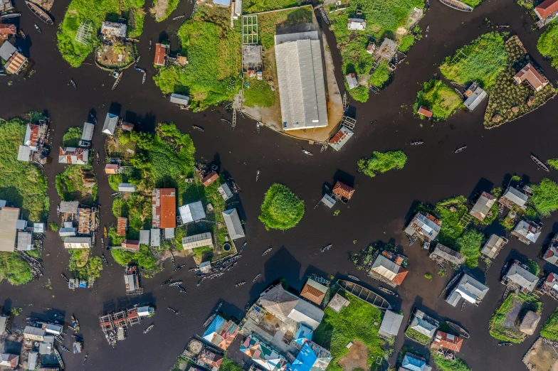 a bird's eye view of a flooded city, pexels contest winner, conceptual art, fishing village, floating islands, thumbnail, black