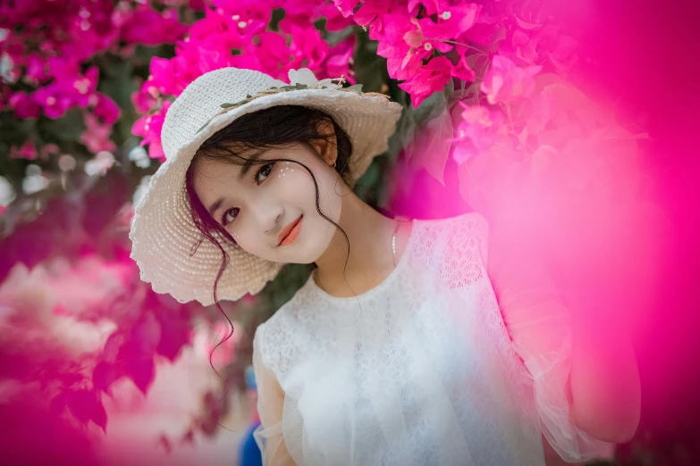 a close up of a person wearing a hat, by Tan Ting-pho, pexels contest winner, romanticism, white and pink, avatar image, korean girl, lady with glowing flowers dress