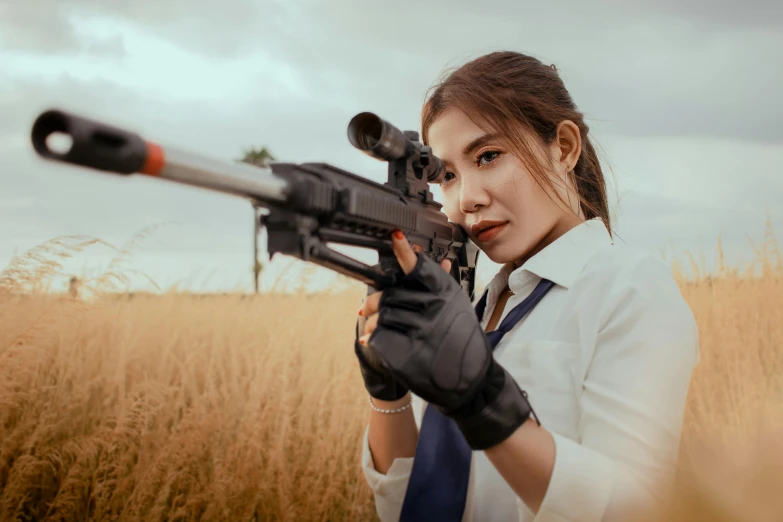 a woman holding a rifle in a field, inspired by Leng Mei, unsplash, realistic cosplay, malaysian, female spy, cosplay photo