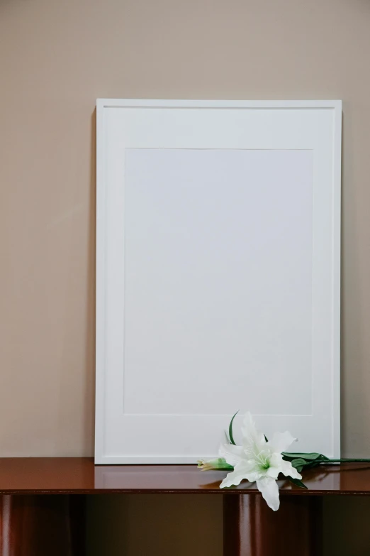 a white flower sitting on top of a wooden table, a minimalist painting, inspired by Agnes Martin, unsplash, white frame, monochromatic airbrush painting, large portrait, wedding