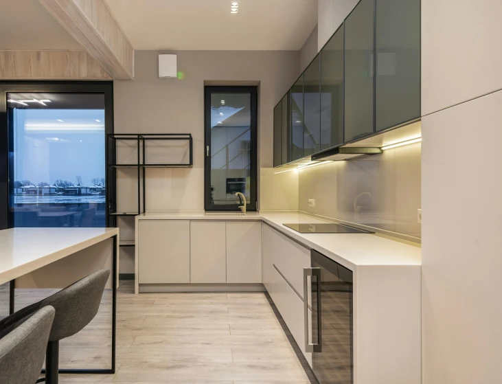 the kitchen is clean and ready for us to use, by Adam Marczyński, pexels contest winner, light and space, penthouse, angular dynamic white rock floor, thumbnail, design only