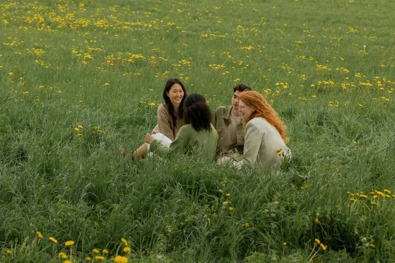 a couple of women sitting on top of a lush green field, inspired by William Stott, trending on pexels, group of people, production still, eating, circle pit