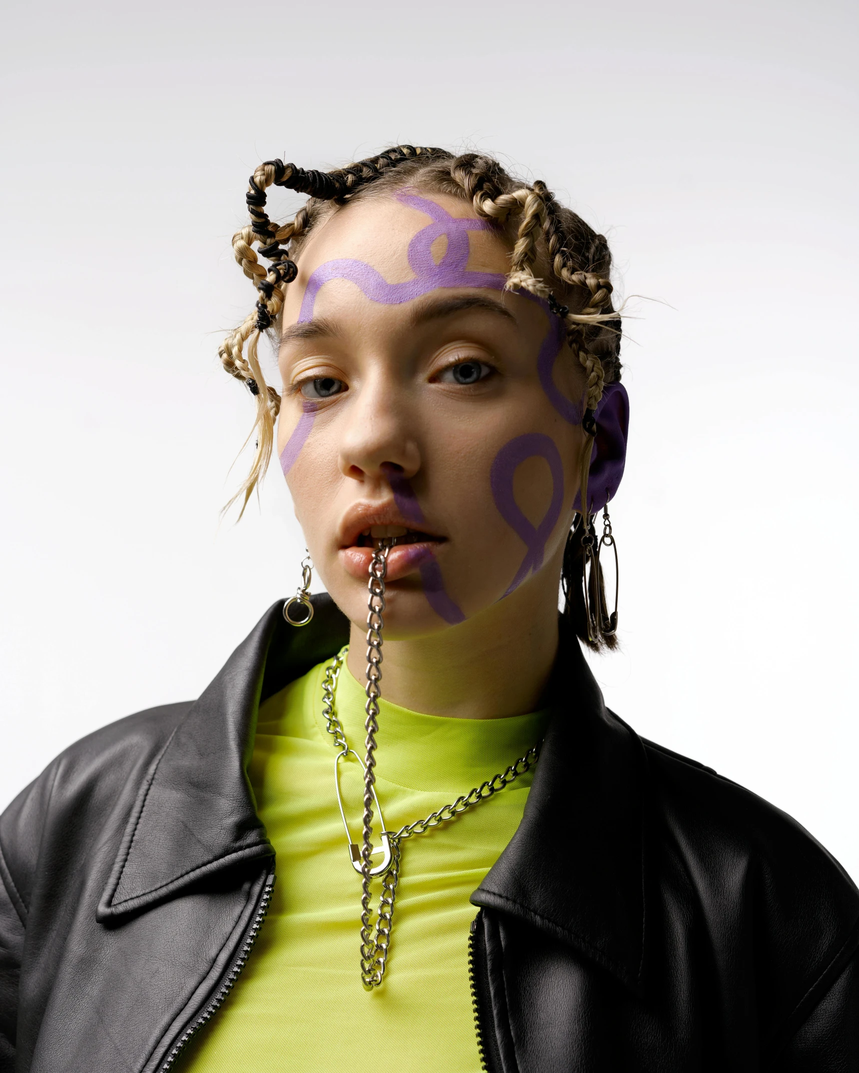 a woman with purple paint on her face, an album cover, trending on pexels, sydney sweeney, wearing a bandana and chain, nonbinary model, ankh