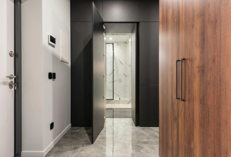 a bathroom with a walk in shower next to a wooden door, pexels contest winner, light and space, black marble, hd footage, ultra glossy, apartment hallway