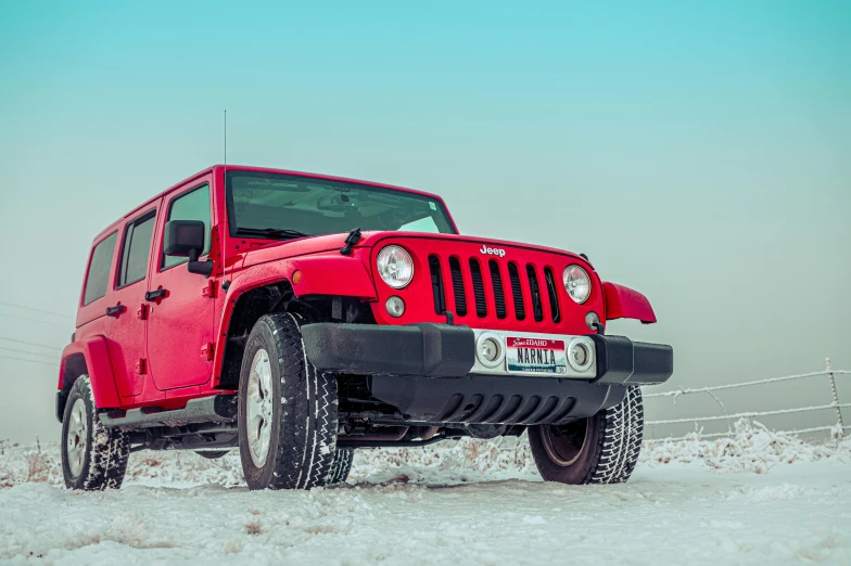 a red jeep is parked in the snow, pexels contest winner, ultra 4k, soft top, detailed color scan”, super high resolution