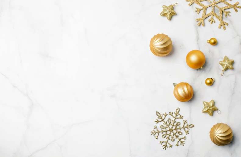 a marble background with gold ornaments and snowflakes, pexels, plain white background, 15081959 21121991 01012000 4k, instagram post, candy decorations