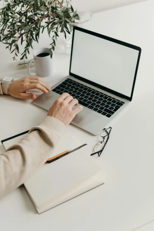 a woman sitting at a desk using a laptop computer, trending on pexels, on a white table, flatlay, low quality photo, intricate image