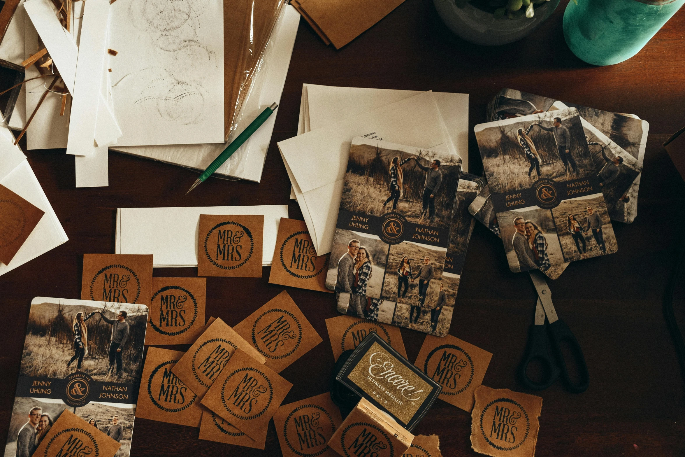 a bunch of cards sitting on top of a table, an album cover, pexels contest winner, mail art, brown paper, glowforge template, engravings, product introduction photo