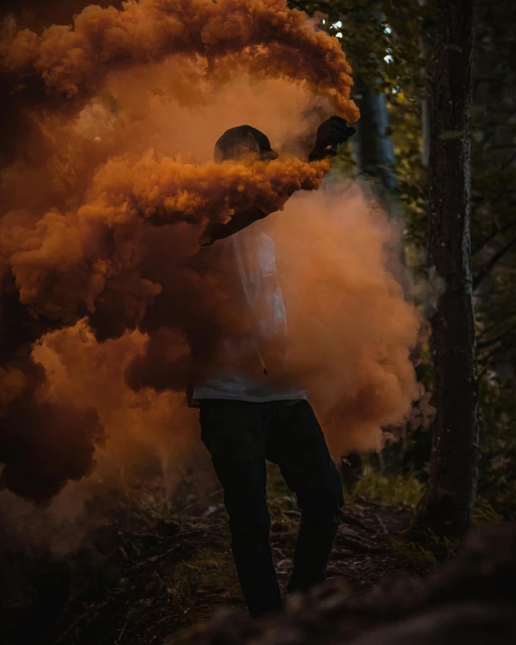 a man standing in the woods holding a smoke bomb, a picture, deep pyro colors, light orange mist, dust cloud, :6 smoke grenades
