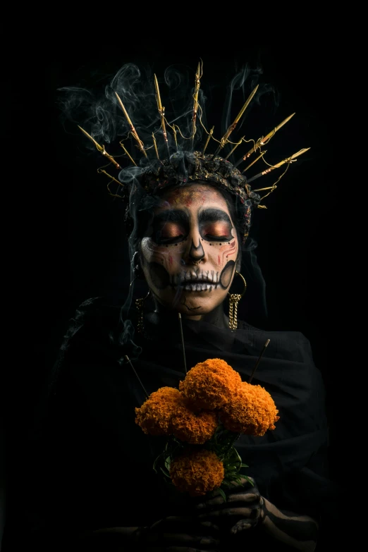 a woman in skeleton makeup holding a bouquet of flowers, an album cover, by Alejandro Obregón, pexels contest winner, religion, natgeo, ((portrait)), gold crown and filaments