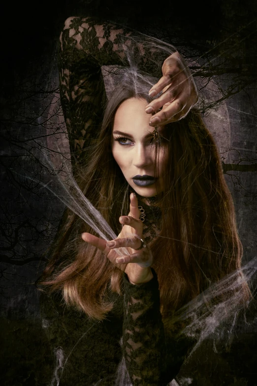 a woman holding a knife in front of her face, poster art, inspired by Samuel Hieronymus Grimm, pexels contest winner, gothic art, with cobwebs, portrait of a young witch, branches growing as hair, hands retouched