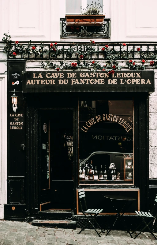 a black and white photo of a store front, inspired by Brassaï, unsplash contest winner, art nouveau, a multidimensional cozy tavern, books cave, 🚿🗝📝, traveling in france