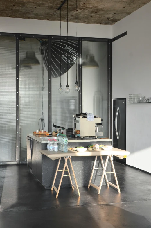 the kitchen is clean and ready for us to use, inspired by Cornelis de Man, unsplash, light and space, cafe in the clouds, art station ”, industrial setting, seen from outside