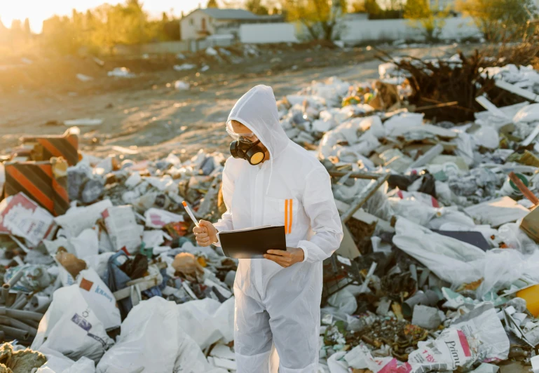 a man standing in front of a pile of trash, scientist, holding a clipboard, 2019 trending photo, wearing japanese techwear