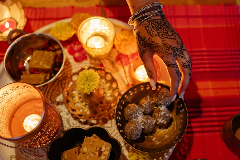 a close up of a plate of food on a table, anjali mudra, sweet night ambient, thumbnail, festivals