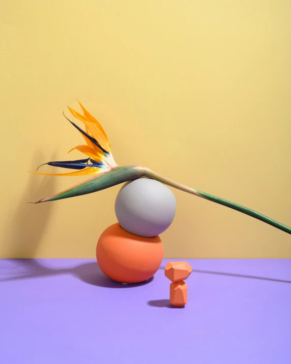 a bird of paradise flower sitting on top of a stack of rocks, a surrealist sculpture, inspired by Jeff Koons, pexels contest winner, orange details, behance lemanoosh, pastel', miniature product photo