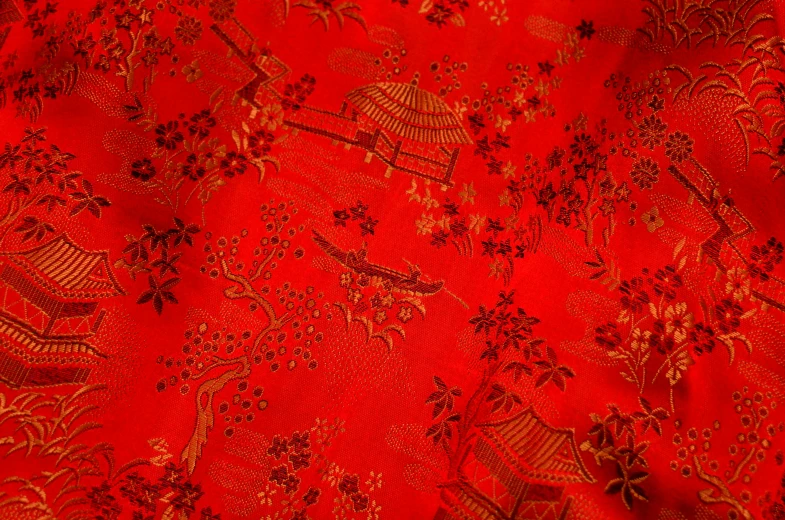 a close up of a red fabric with asian designs, satin, red roofs, red room, 4 0 9 6