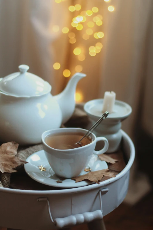 a white tea pot sitting on top of a table, a still life, trending on pexels, romanticism, soft diffuse autumn lights, square, hot cocoa drink, ivory