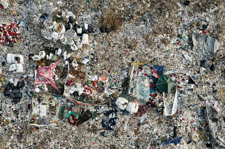 a pile of trash sitting on top of a sandy beach, by Daniel Lieske, reddit, plasticien, viewed from bird's-eye, hyperdetailed!, “ aerial view of a mountain, 💣 💥