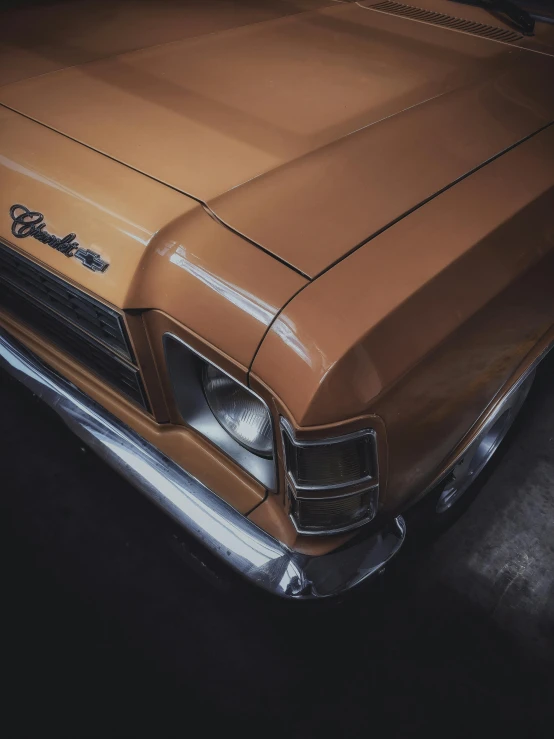 a close up of a car parked in a garage, an album cover, pexels contest winner, photorealism, caramel, seventies, 2019 trending photo, car paint