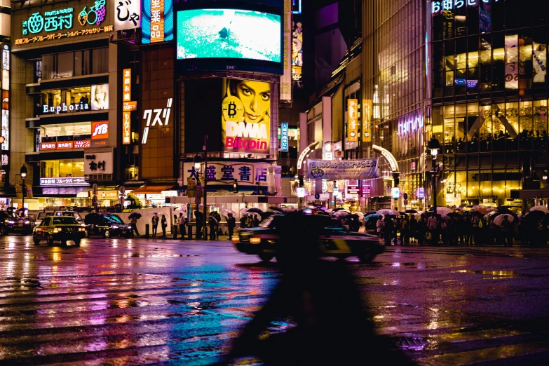 a city street filled with lots of traffic at night, a picture, unsplash contest winner, ukiyo-e, square, neon signs, wet streets, 2000s photo