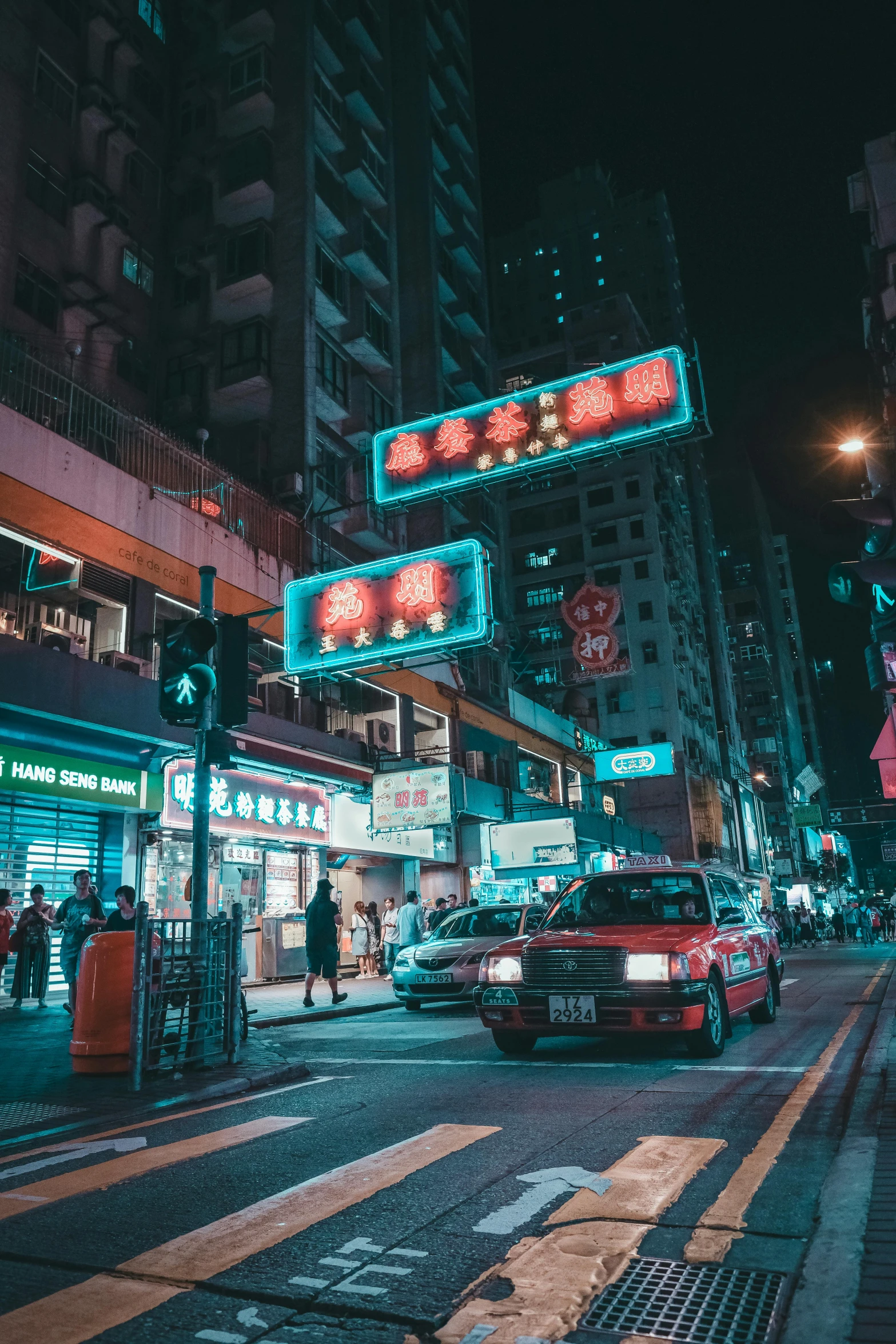 a busy city street at night with neon signs, by Patrick Ching, pexels contest winner, pixel art, hong kong buildings, street of teal stone, petrol aesthetic, snapchat photo