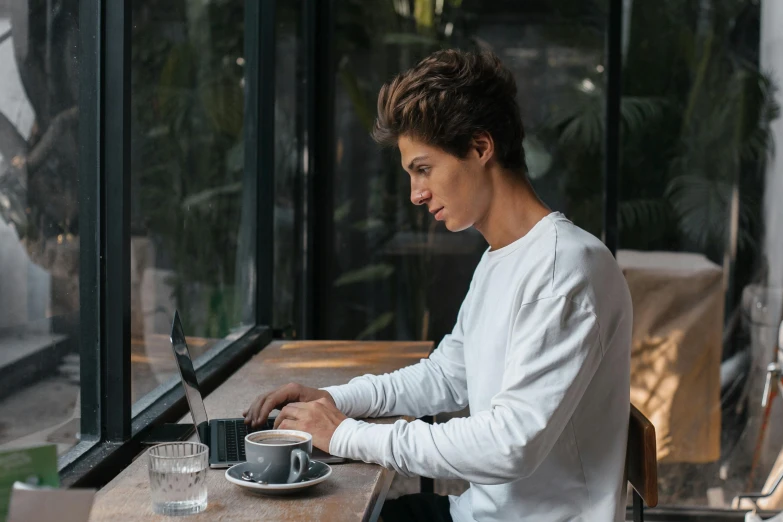 a woman sitting at a table working on a laptop, a portrait, by Sebastian Vrancx, pexels contest winner, happening, thin young male, aussie baristas, man wearing a closed cowl, joe keery