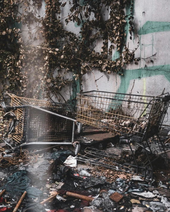 a shopping cart sitting on top of a pile of trash, pexels contest winner, graffiti, burned forest, stood in a supermarket, promo image, buildings covered in black tar