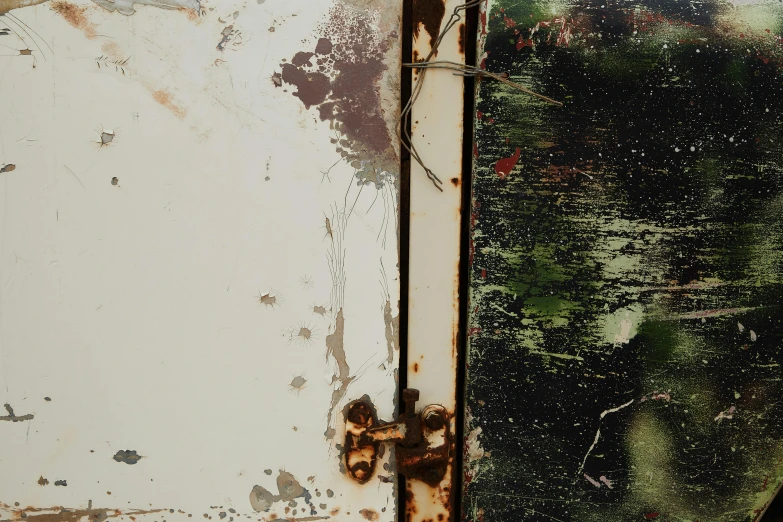 a close up of a rusted door on a building, an album cover, inspired by Gerhard Richter, unsplash, conceptual art, style of adrian ghenie, detailed product image, kohei horikoshi, enamel