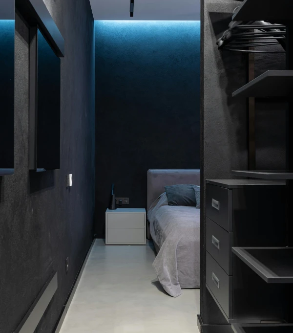 a bed room with a neatly made bed, by Adam Marczyński, vantablack gi, narrow hallway, dark scheme, raphael personnaz