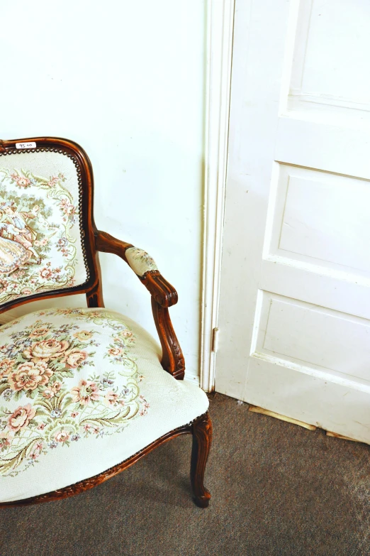 a chair that is sitting in front of a door, rococo, floral details, office/thrift store/social hall, 2 5 6 x 2 5 6 pixels, tapestry