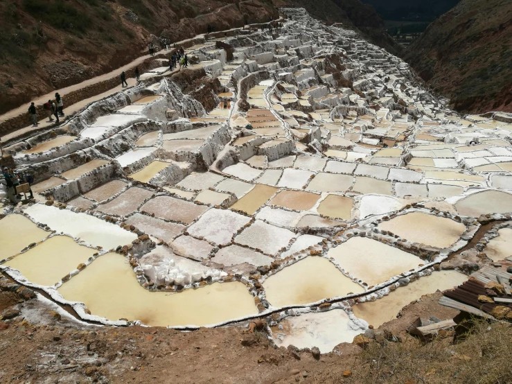 a group of people standing on top of a mountain, a mosaic, pools of water, white powder bricks, terraced orchards and ponds, sulfur