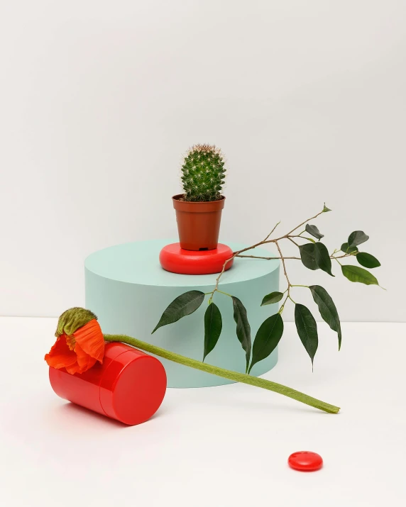 a cactus sitting on top of a table next to a flower, a still life, featured on pinterest, new sculpture, vibrant red and green colours, high quality product photo, made out of plastic, award - winning details