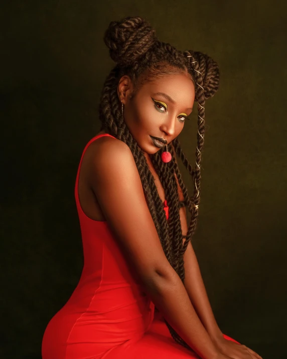 a woman in a red dress sitting on a stool, an album cover, trending on pexels, afrofuturism, pigtail braids, headshot photo, trending on 500px, tinyest midriff ever