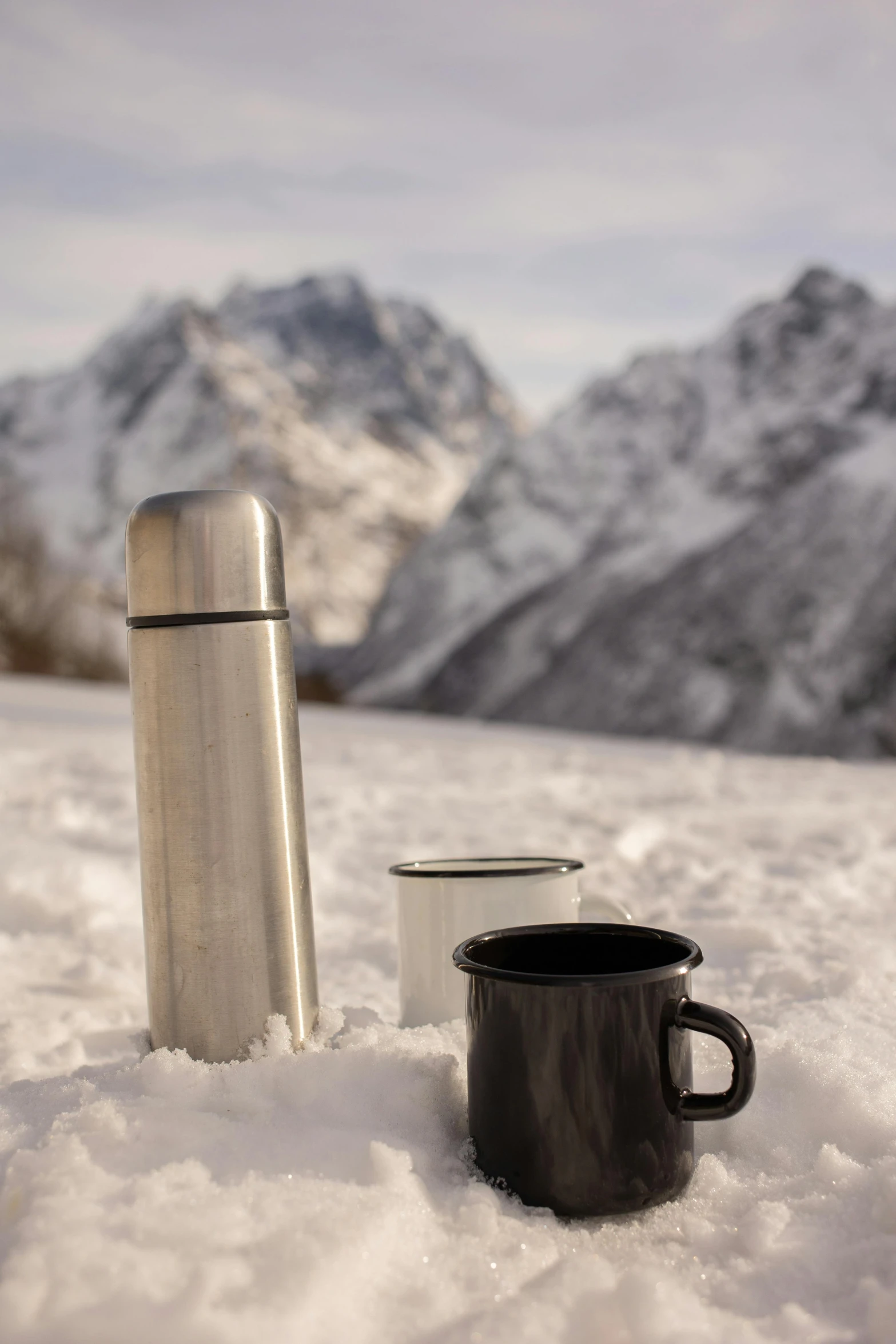 a cup of coffee and a thermos in the snow, by Erwin Bowien, scenic mountain setting, grey, small