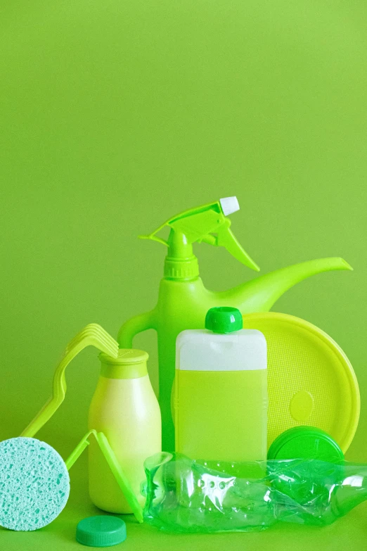 a variety of cleaning supplies on a green background, plasticien, thumbnail, | | epic - fine - clean, green wall, uncrop