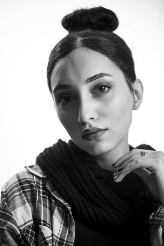 a black and white photo of a woman wearing a scarf, by Maryam Hashemi, angela sarafyan, raden saleh, portait image