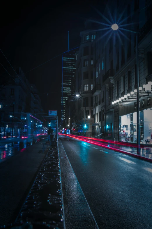 a city street filled with lots of traffic at night, unsplash contest winner, realism, street lights water refraction, empty streetscapes, 80s london city, dark futuristic city