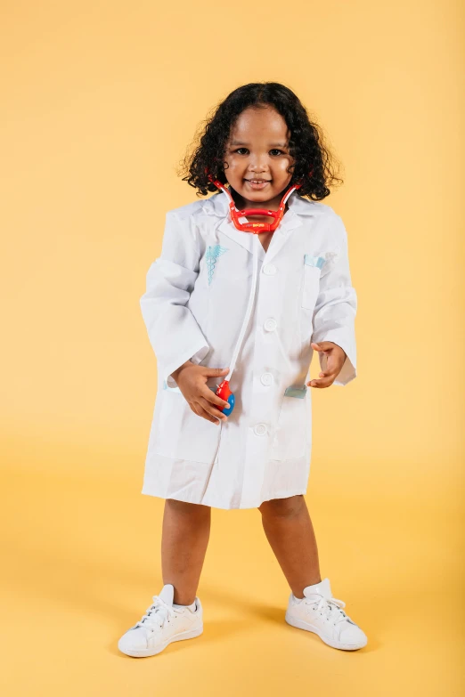 a little girl dressed in a lab coat, ashteroth, full product shot, toddler, full body hero