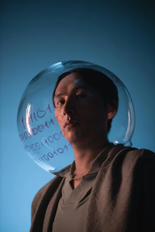 a woman wearing a space helmet on her head, a hologram, by Ryan Pancoast, large bubble archaeologies, handsome chad chin, promo still, student