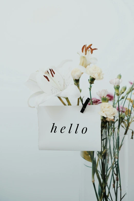 a vase filled with flowers sitting on top of a table, trending on unsplash, labels, hello, glossy white metal, greeting card