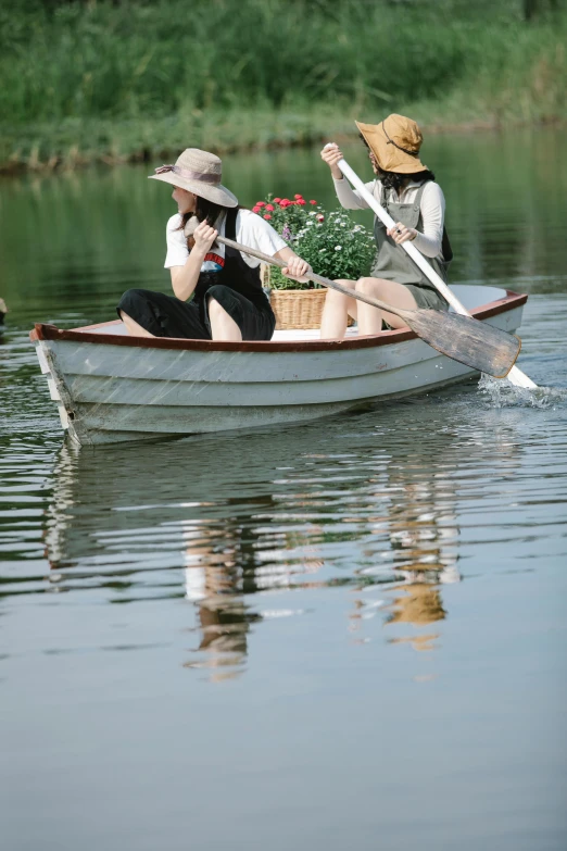 two people in a row boat on a lake, by Yang J, pexels contest winner, romanticism, cottagecore!! fitness body, mai anh tran, gardening, scene from live action movie