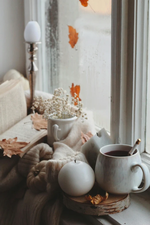 a cup of coffee sitting on top of a window sill, a still life, by Jessie Algie, trending on pexels, romanticism, muted fall colors, teapots, cozy arm chairs, white grey color palette