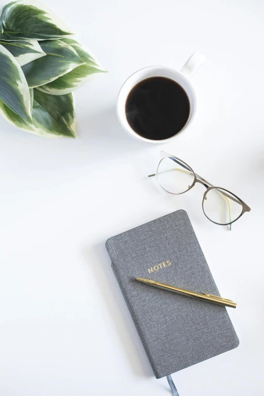 a cup of coffee and a notebook on a table, trending on unsplash, minimalism, wearing gold glasses, multiple stories, set against a white background, next to a plant